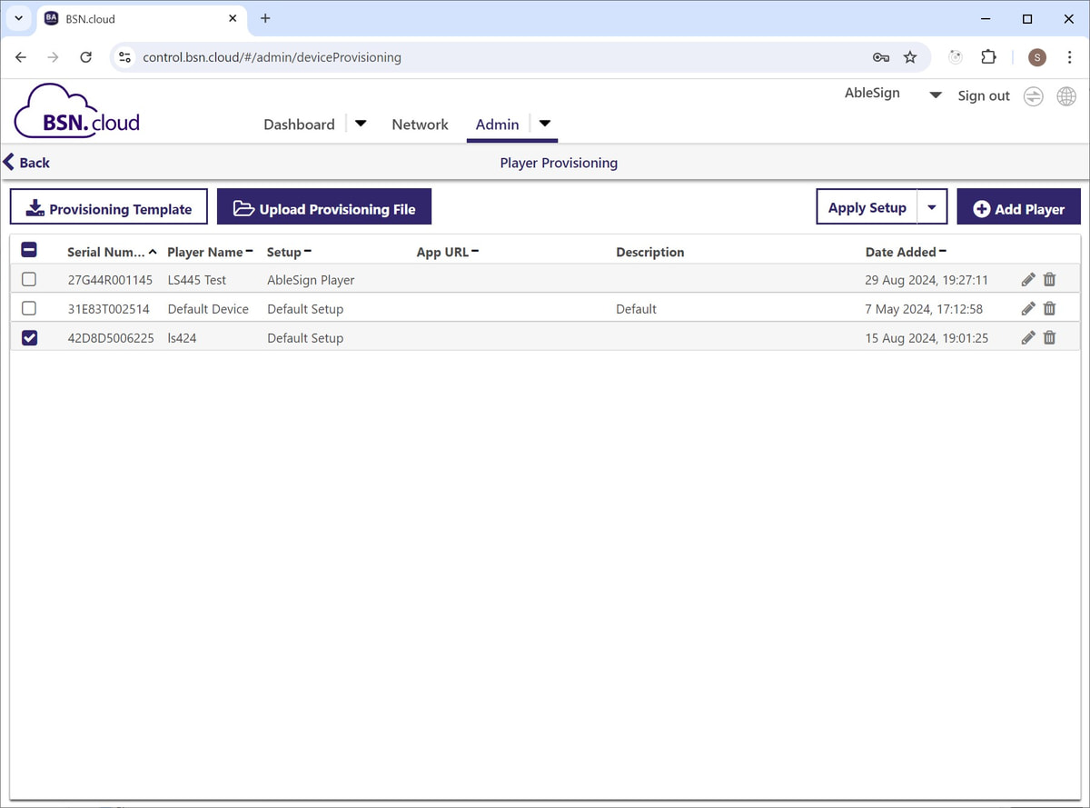 brightsign player provisioning