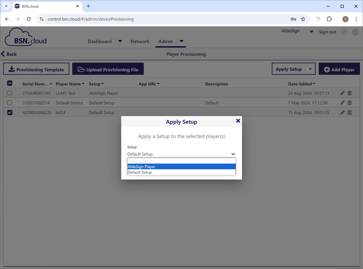 brightsign apply setup