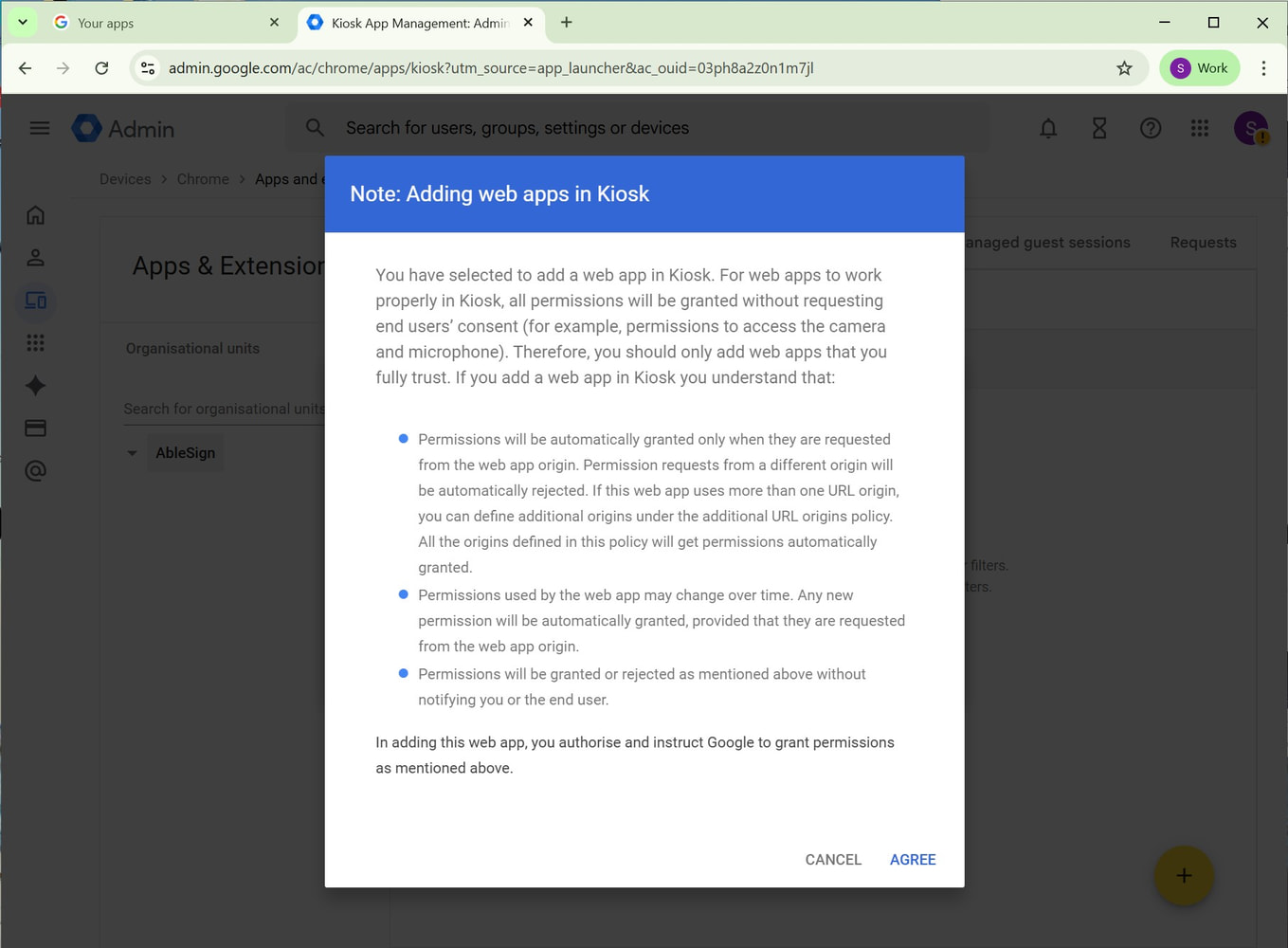 digital signage permissions chrome os