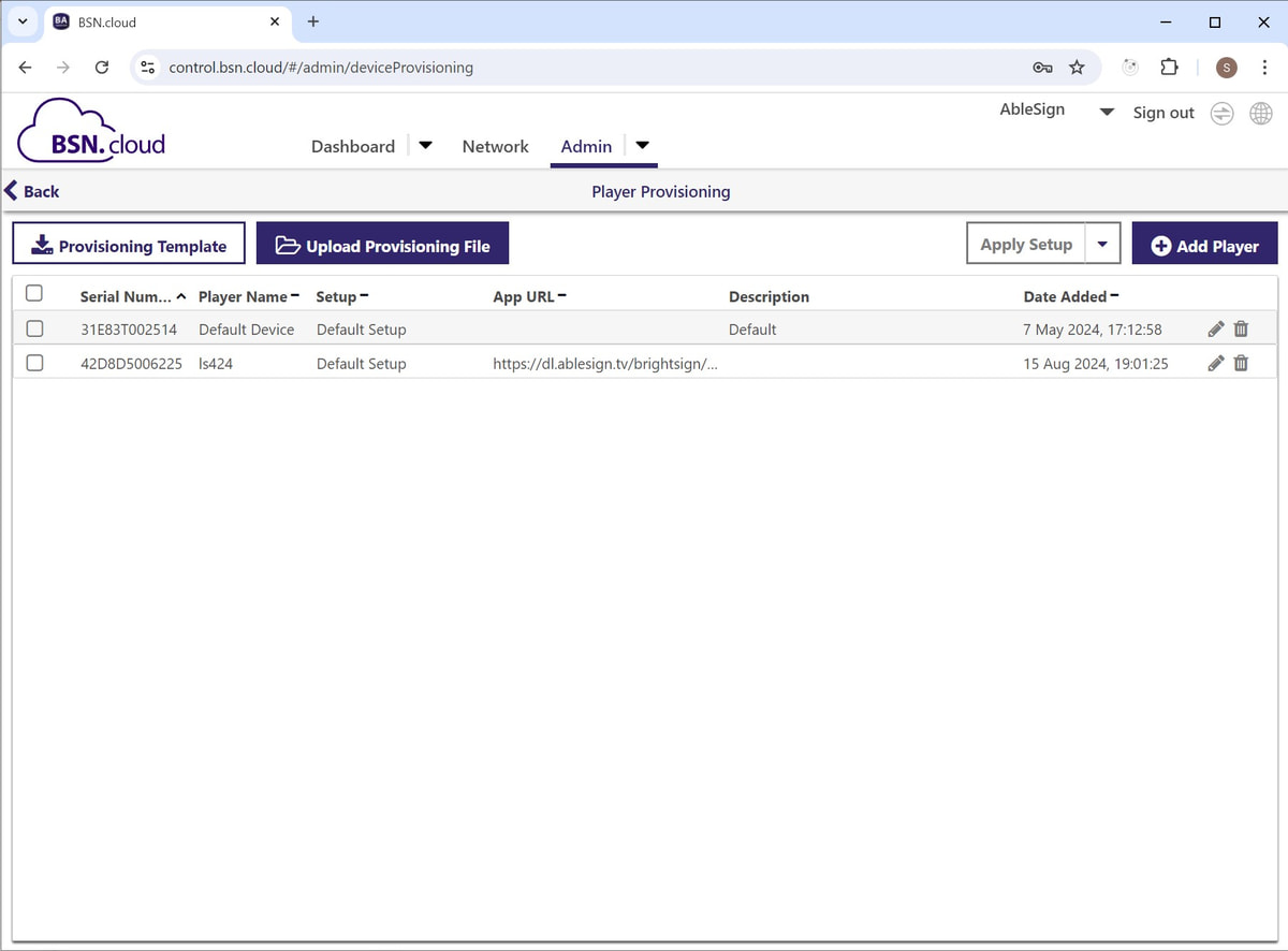 brightsign control cloud provisioning page