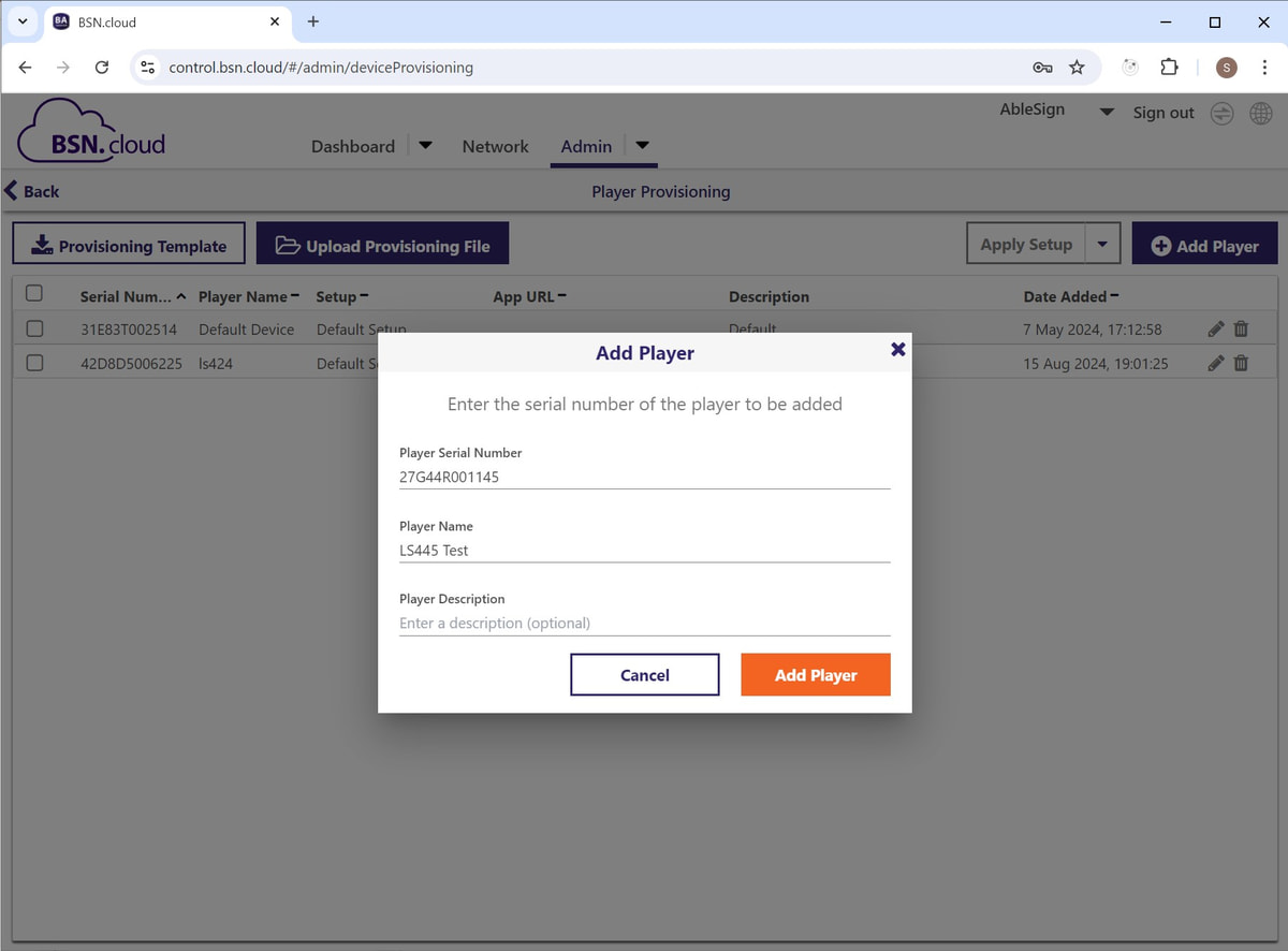 brightsign control cloud add player