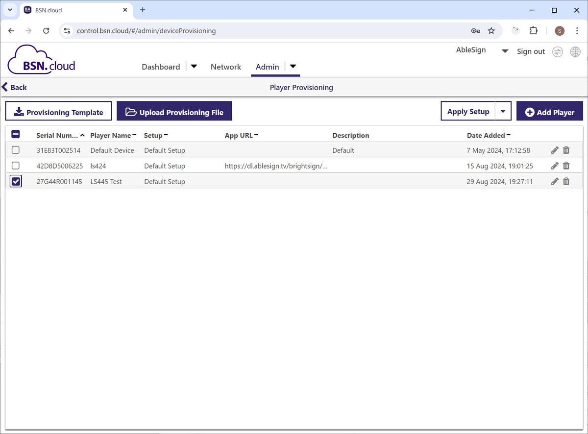 brightsign control cloud player list