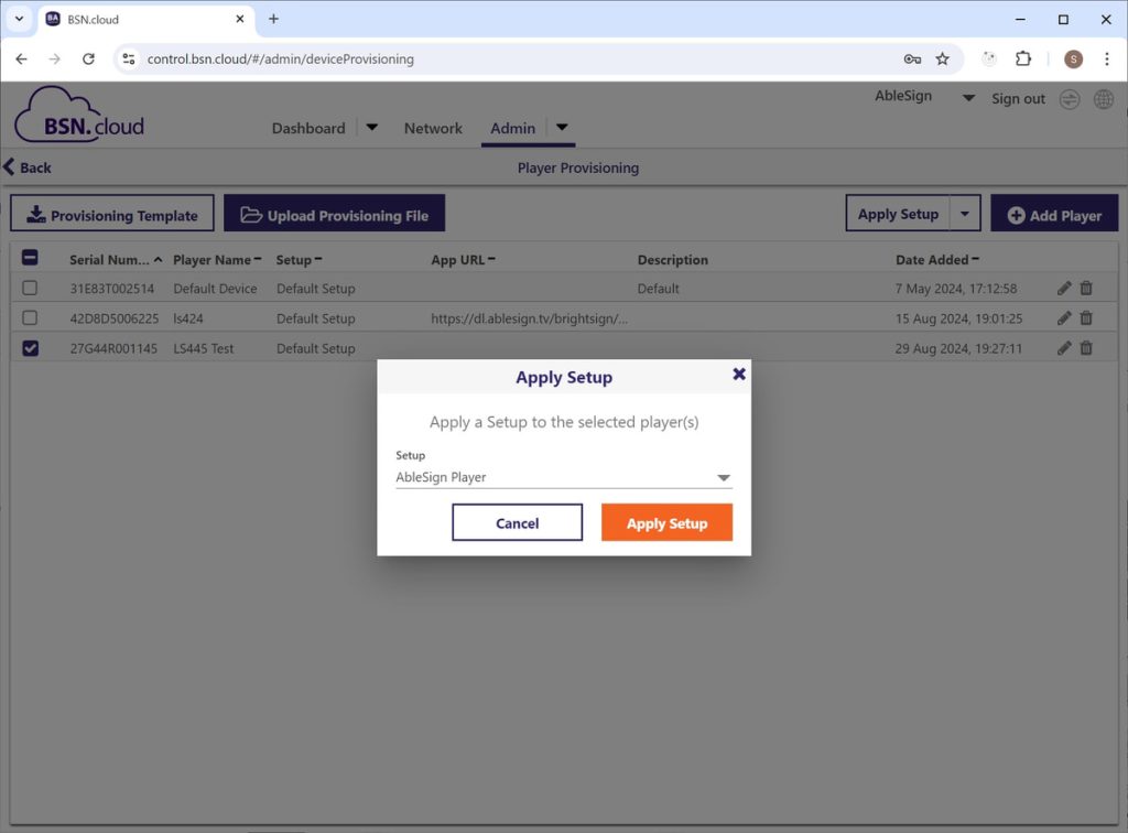How to setup a BrightSign player using control cloud