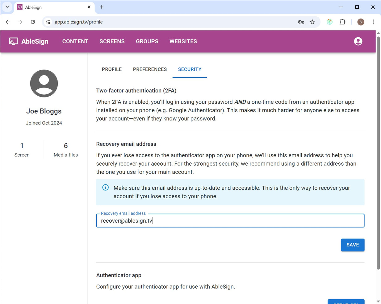 2fa recovery address digital signage