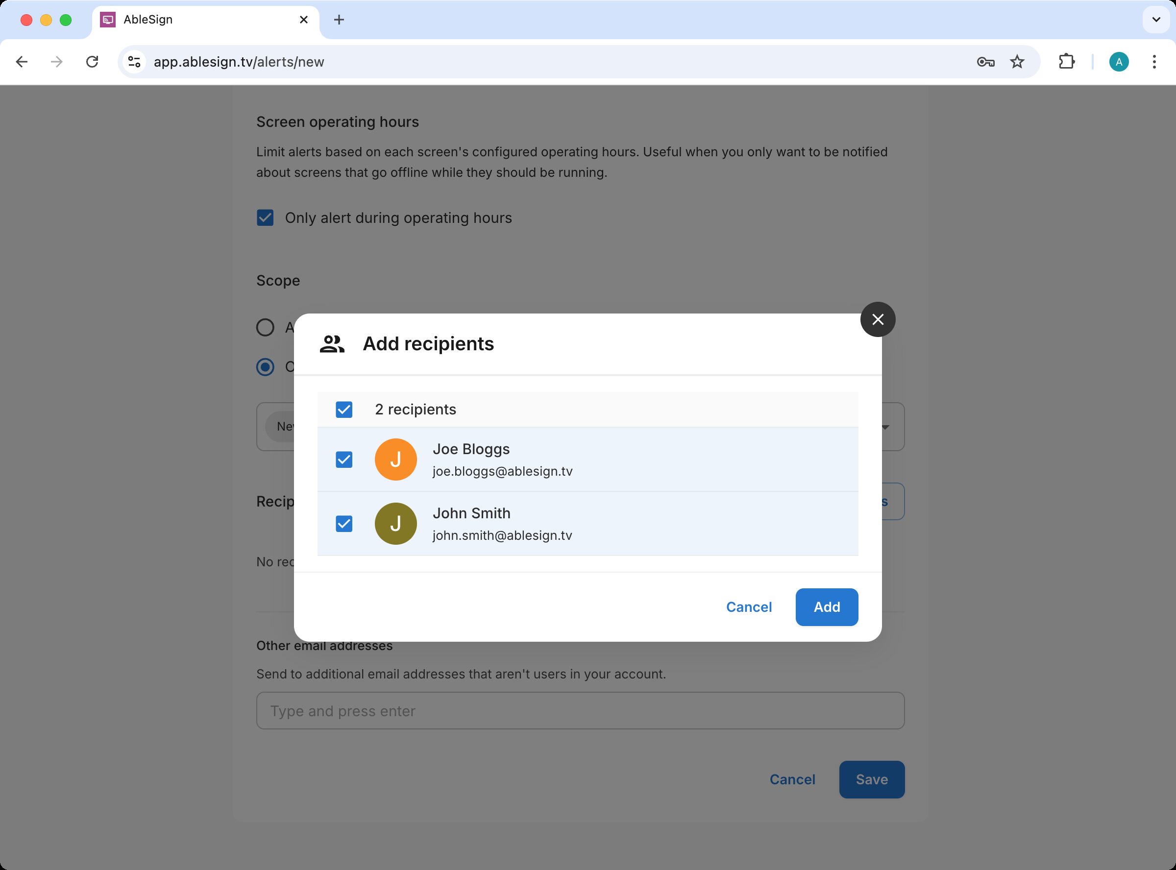Add Recipients dialog with the AbleSign user list and a field for additional email addresses