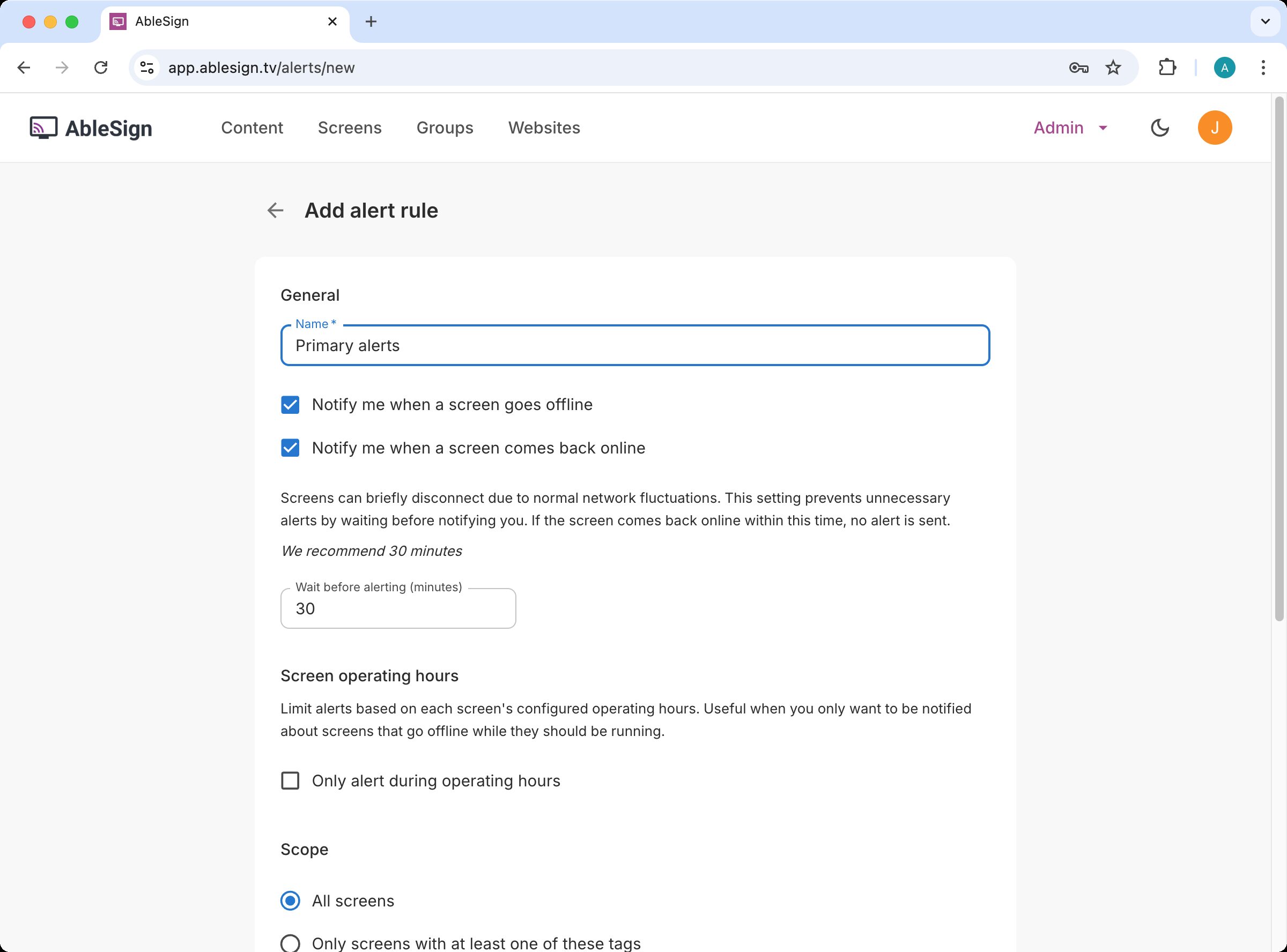 Alert rule name field and offline / online notification type checkboxes with the 30 minute delay