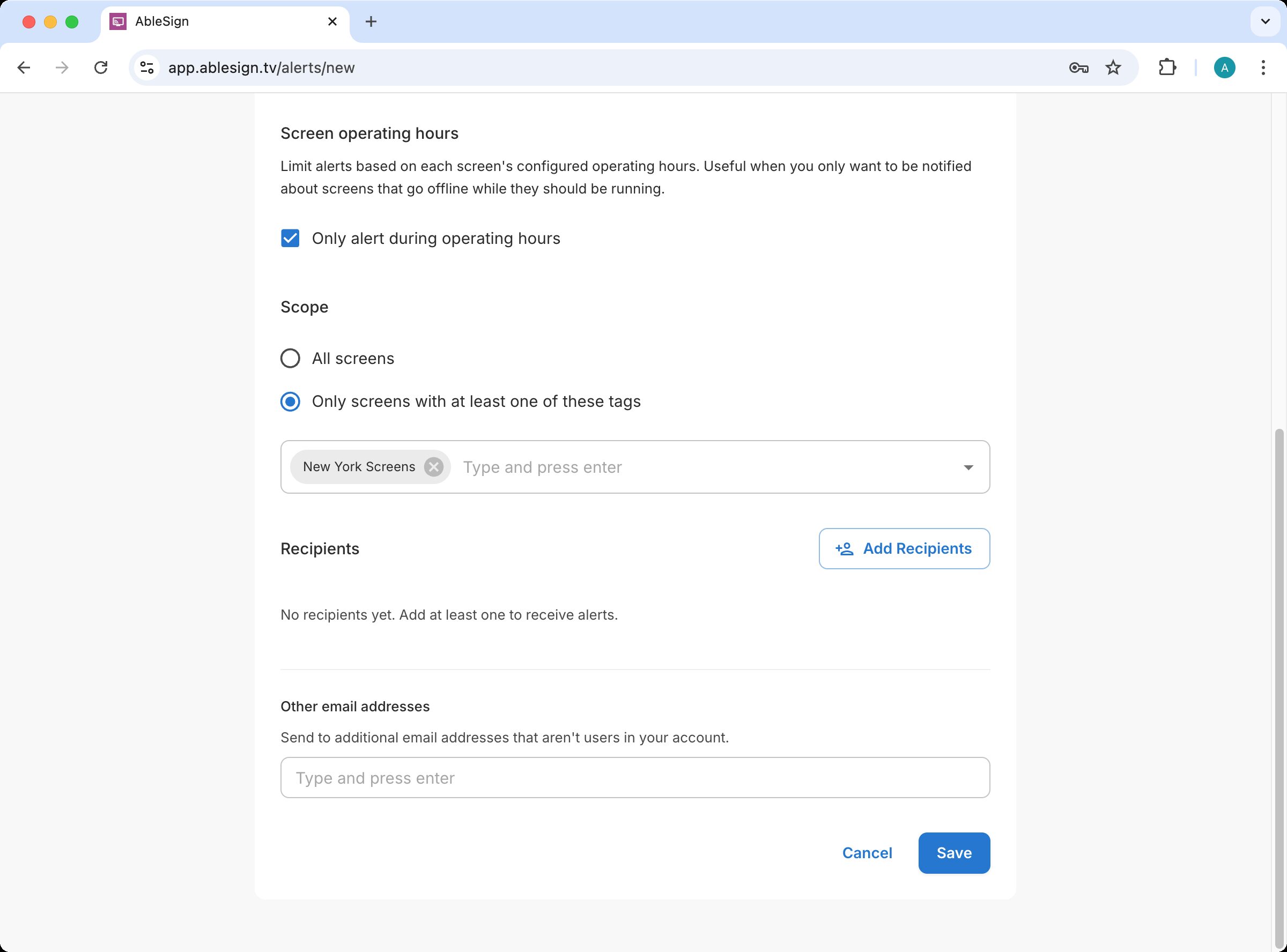Recipients section of the alert rule showing no recipients added yet