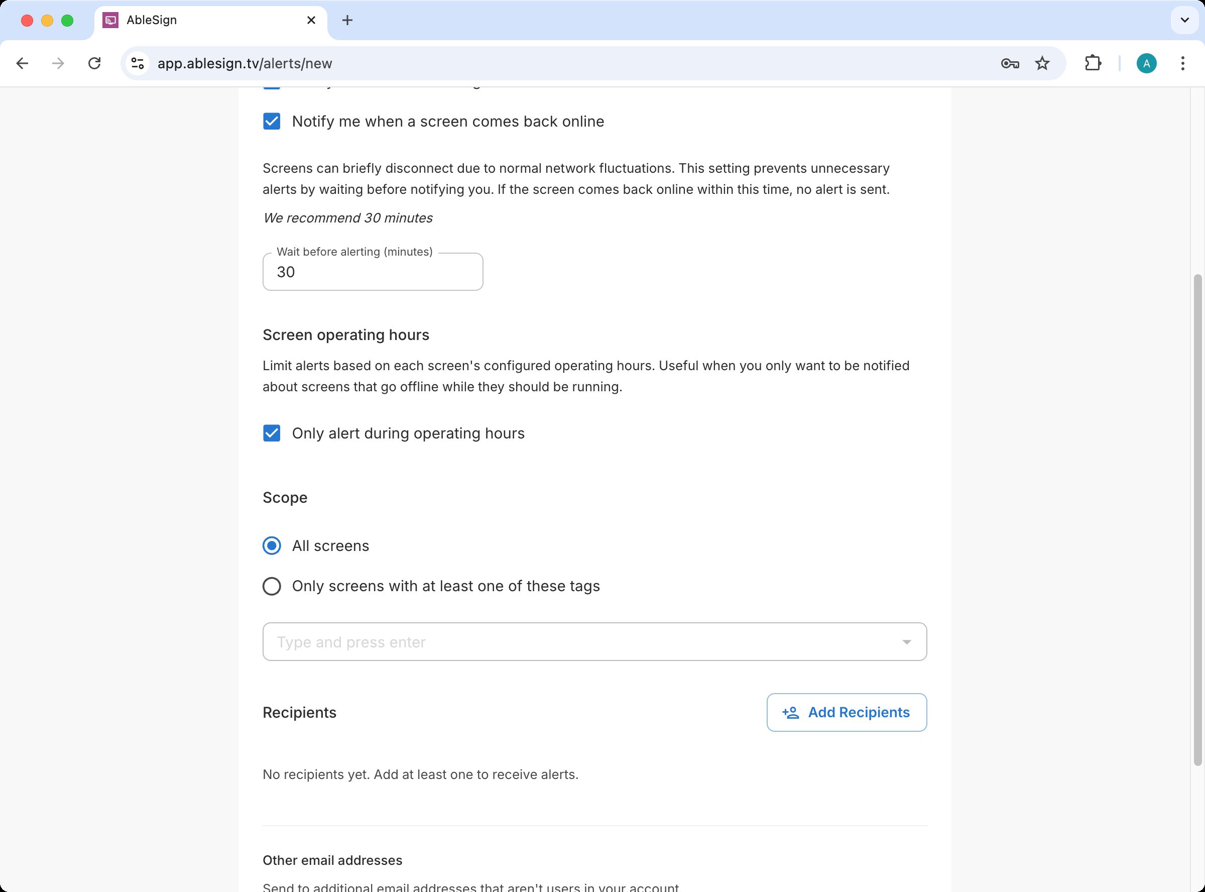 Screen operating hours checkbox enabled on the alert rule