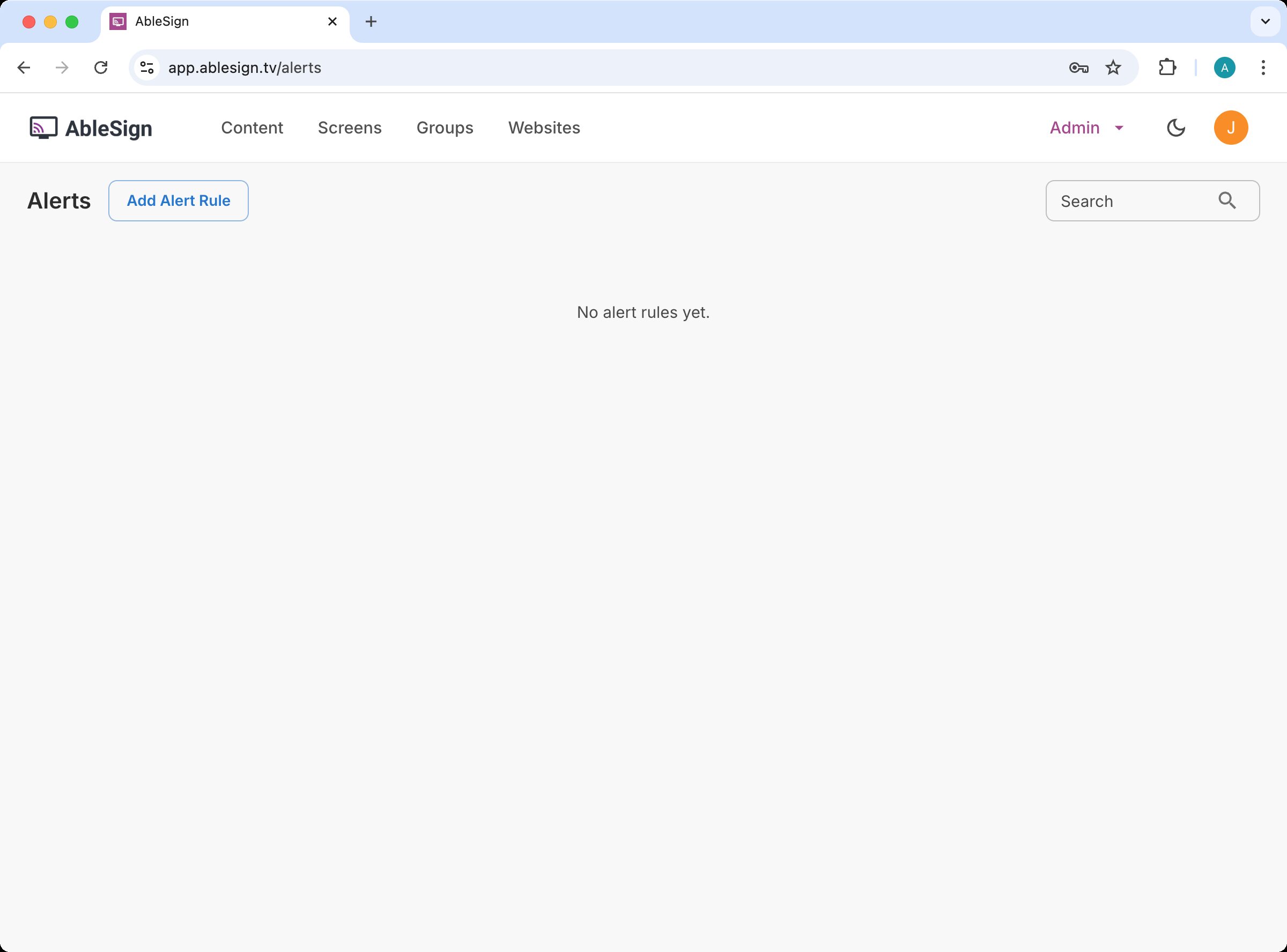 Alert rules page with no rules configured and the Add Alert Rule button highlighted