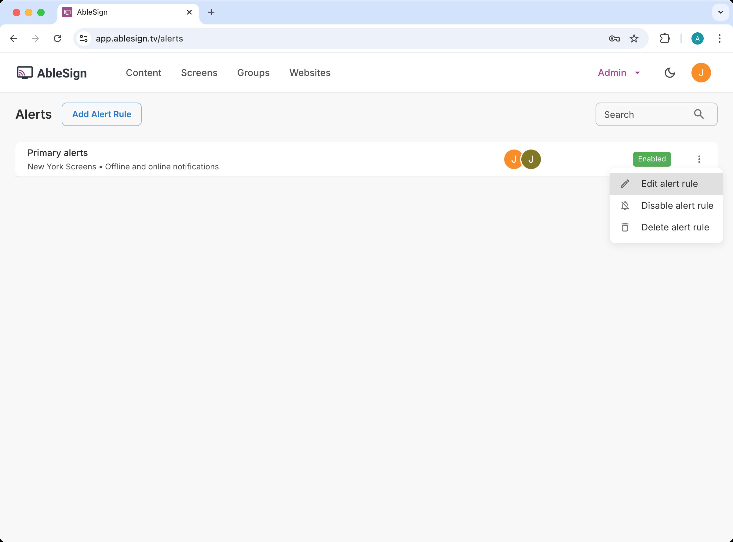 Alert rules page listing the newly created rule with its status