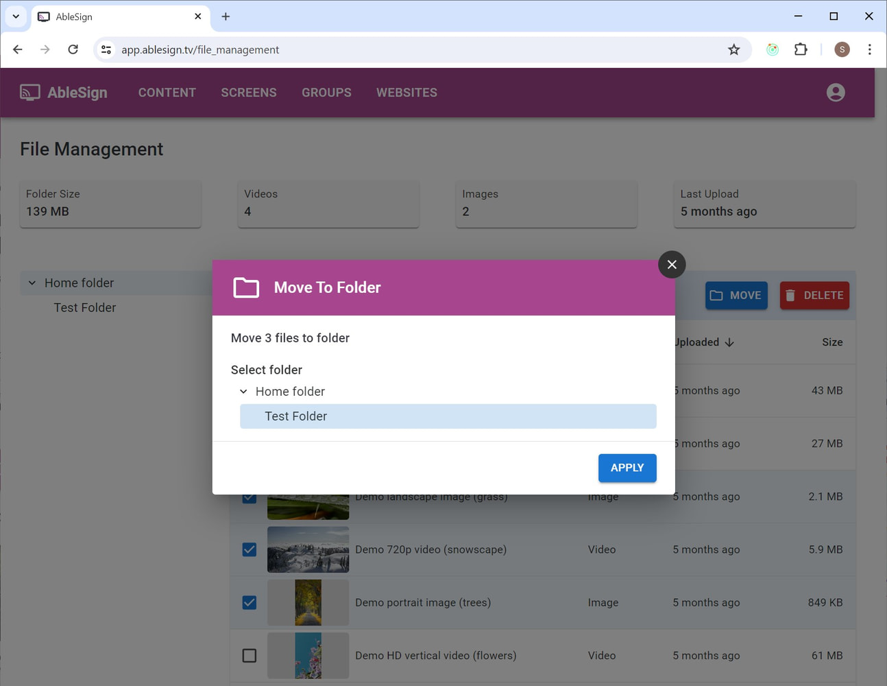 digital signage bulk actions move to folder
