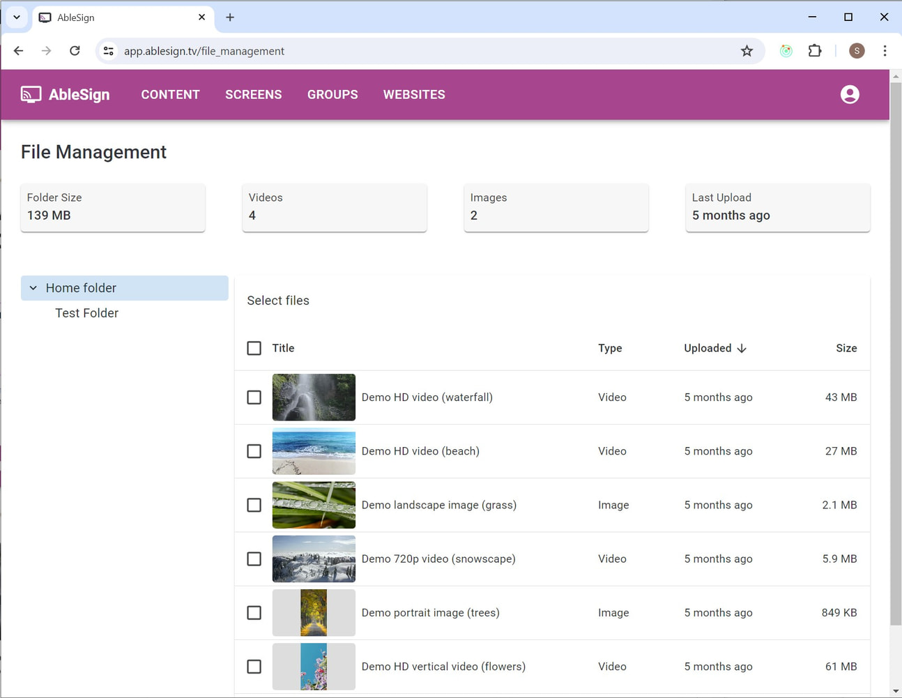 digital signage file management page