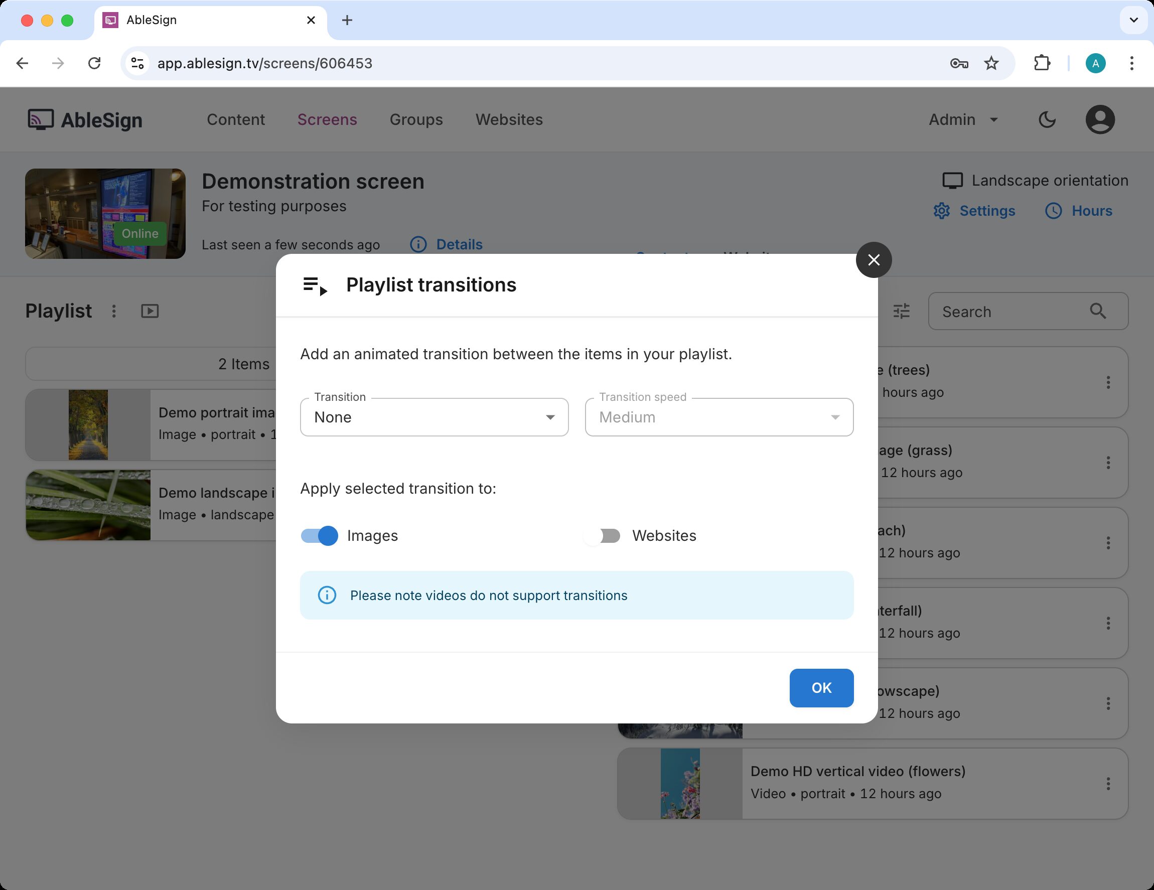 select a digital signage transition
