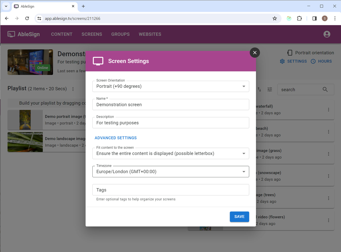 digital signage settings