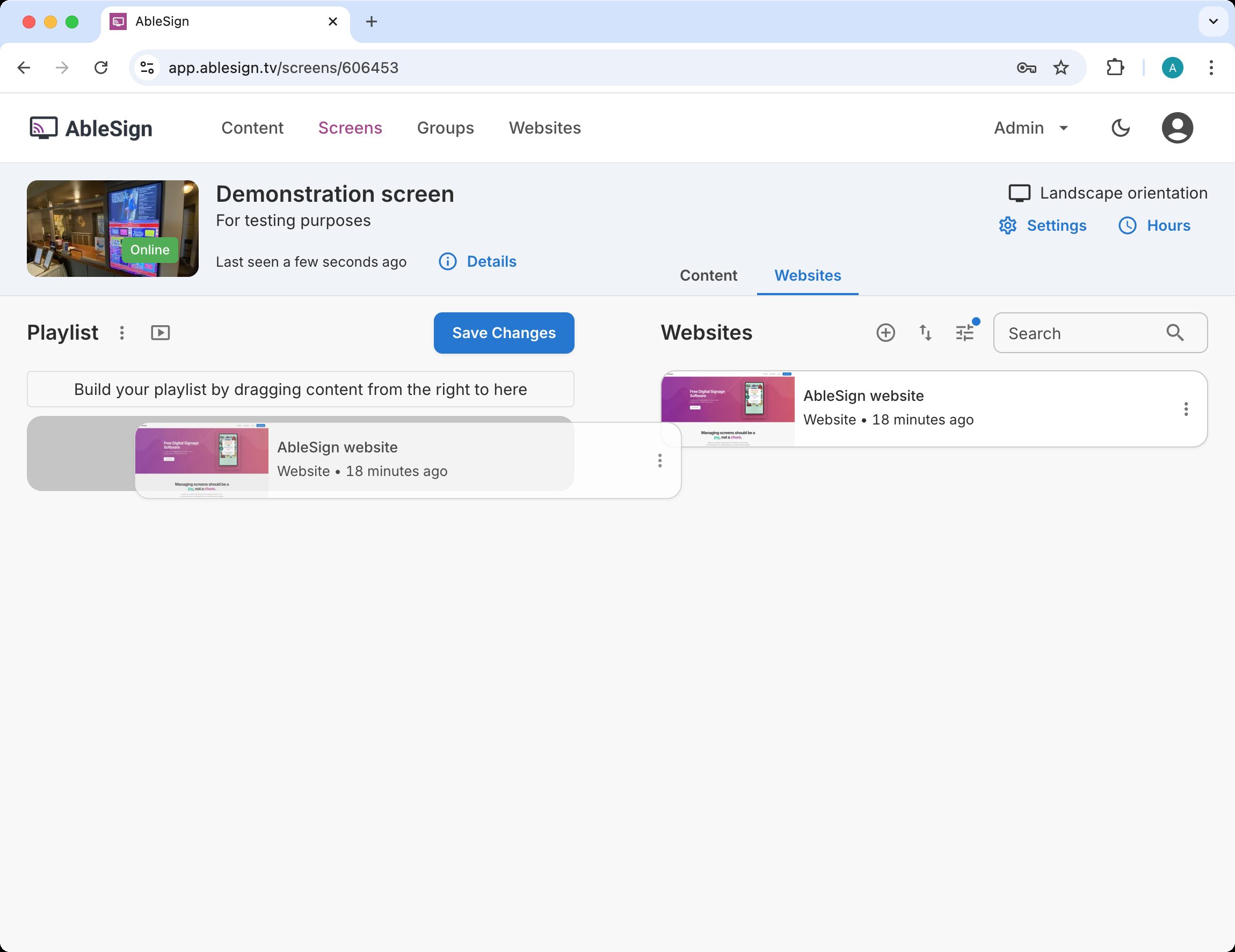 drag website to digital signage screen