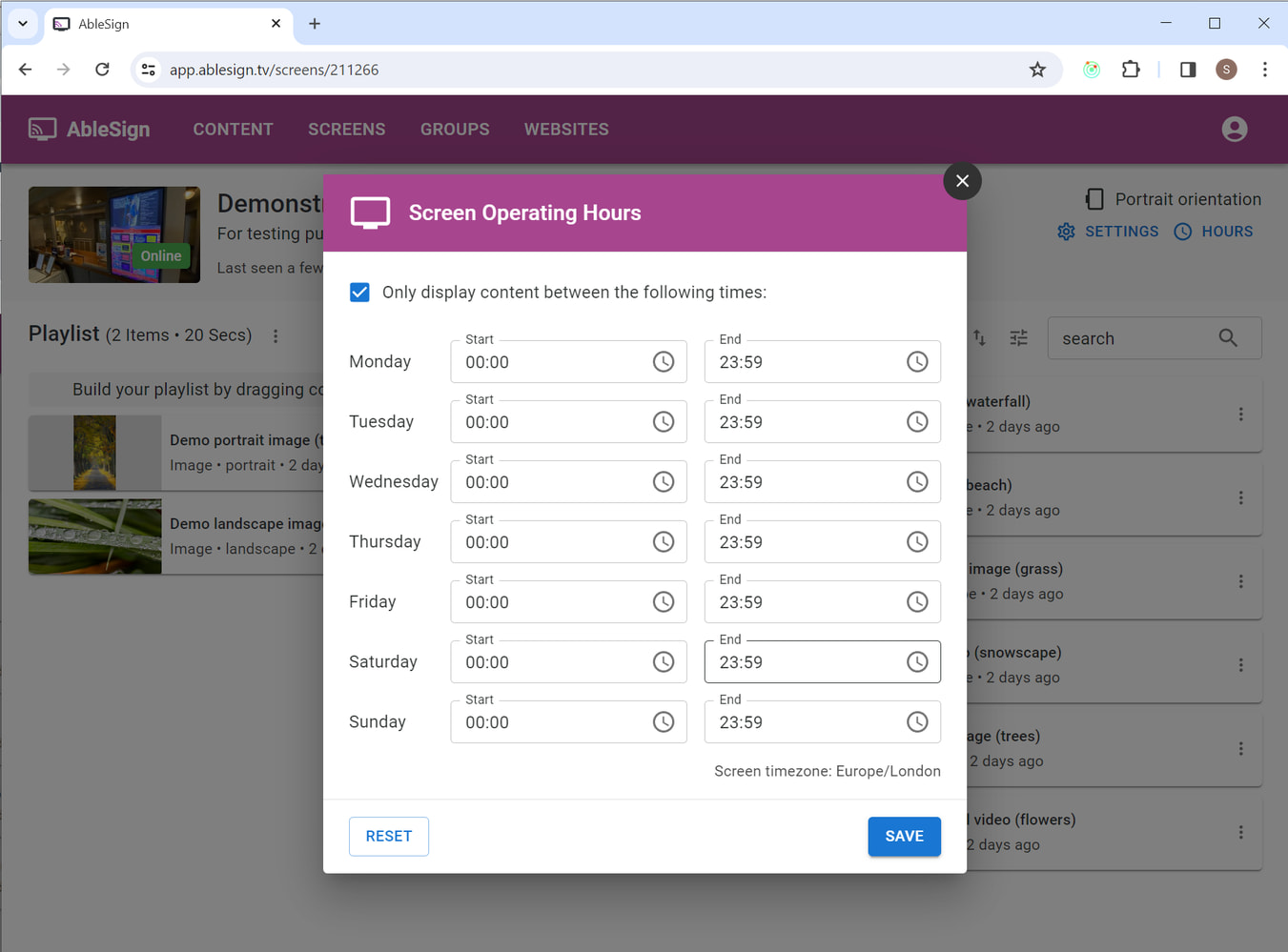 enable screen operating hours