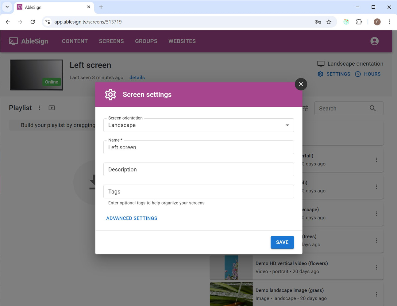 left screen sync settings dialog