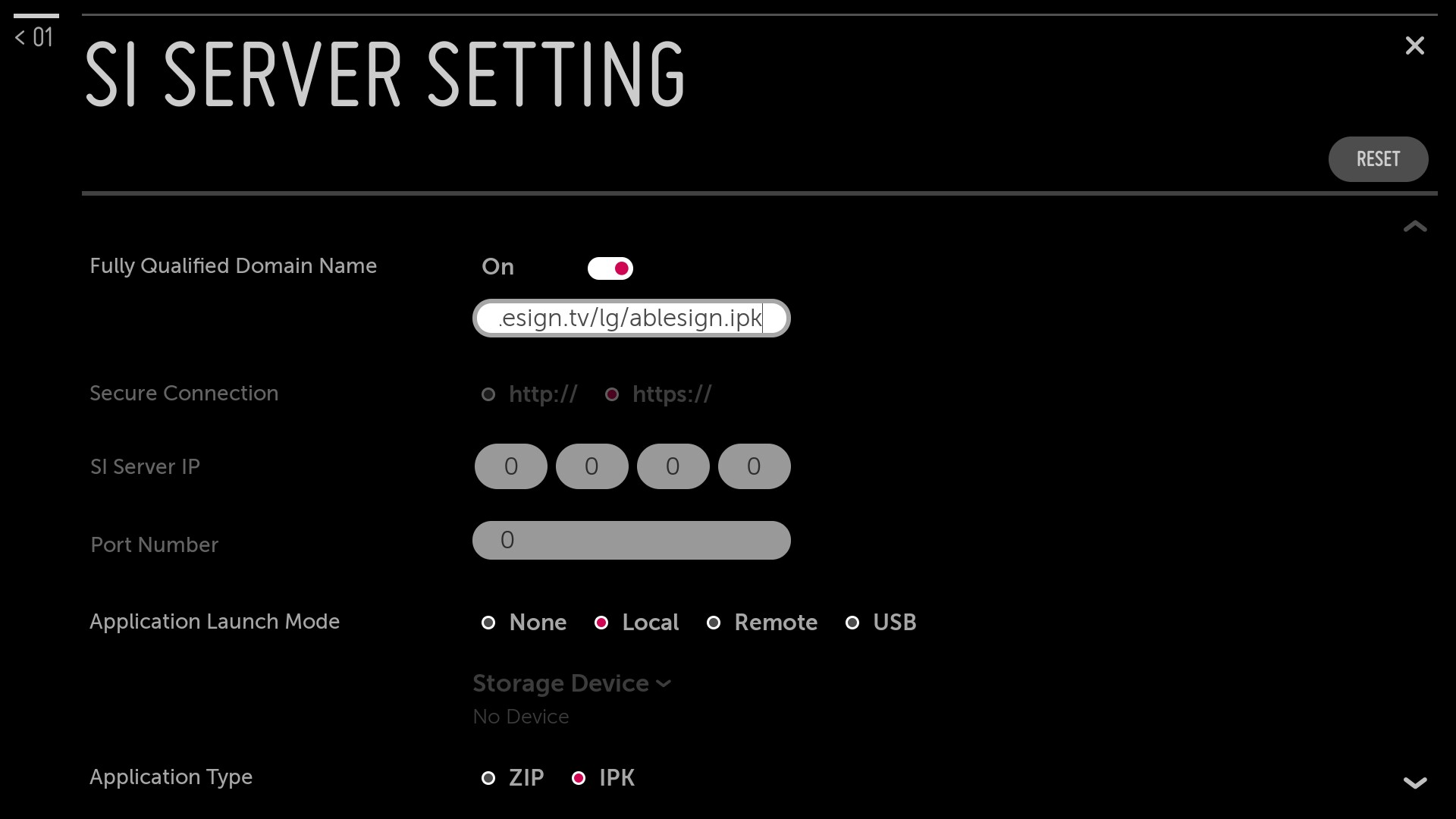 LG SI Server Setting form with the AbleSign address