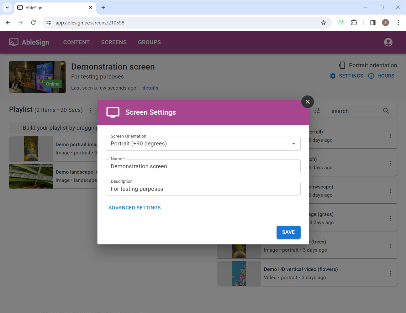 saving the screen settings