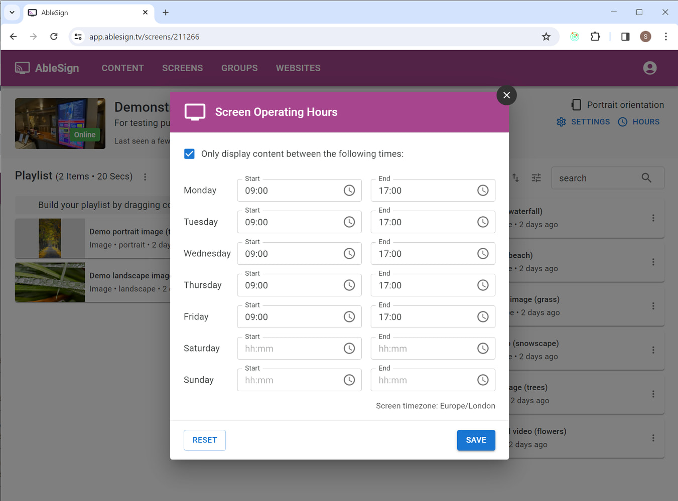 set signage operating hours