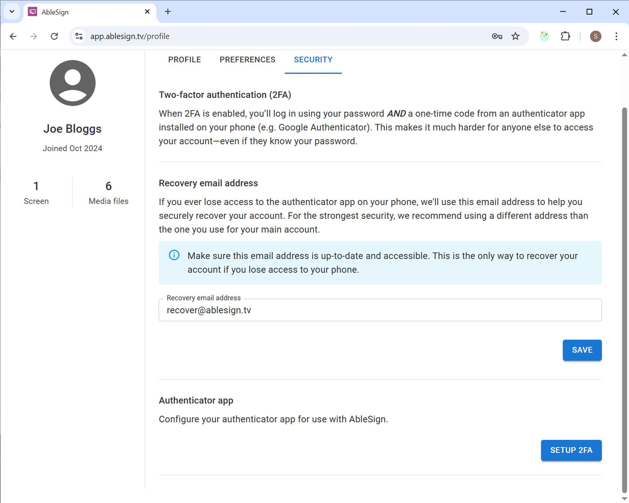 setup two factor auth digital signage