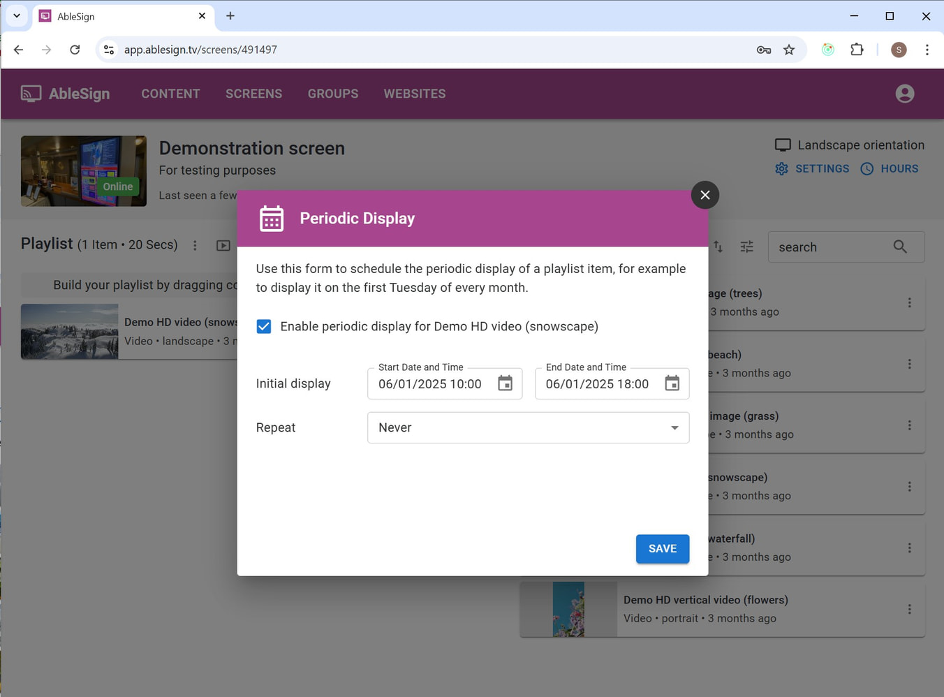 signage periodic schedule