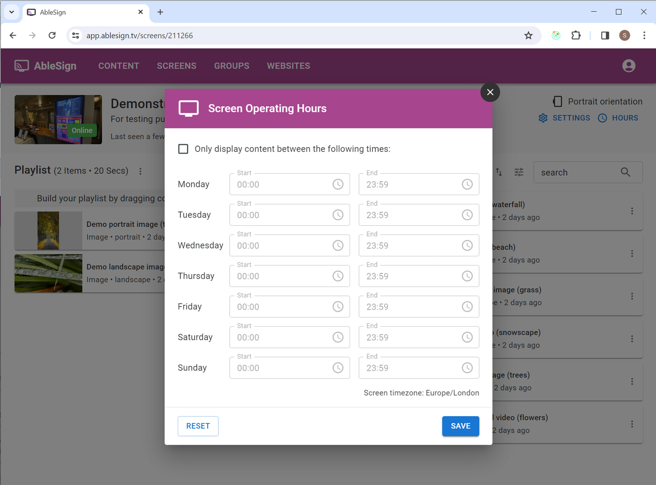 digital signage screen operating hours