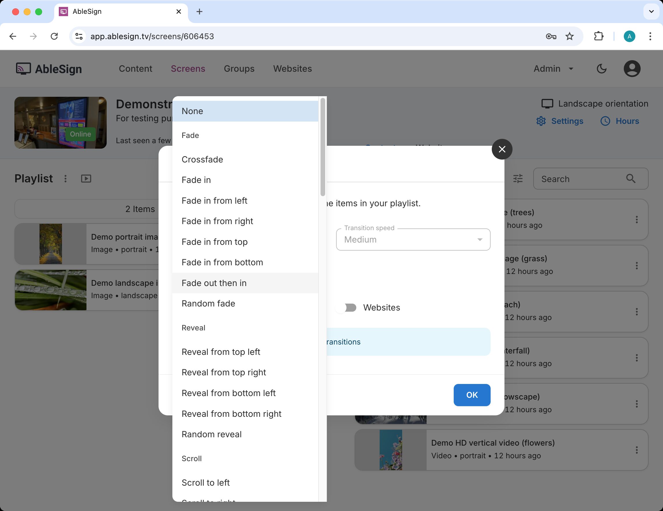 select a playlist transition